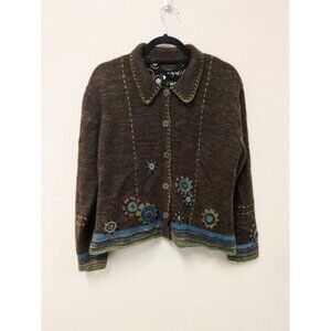 Vintage Icelandic Design Mohair Wool Alpaca Floral Crochet Sweater Cardigan sz L